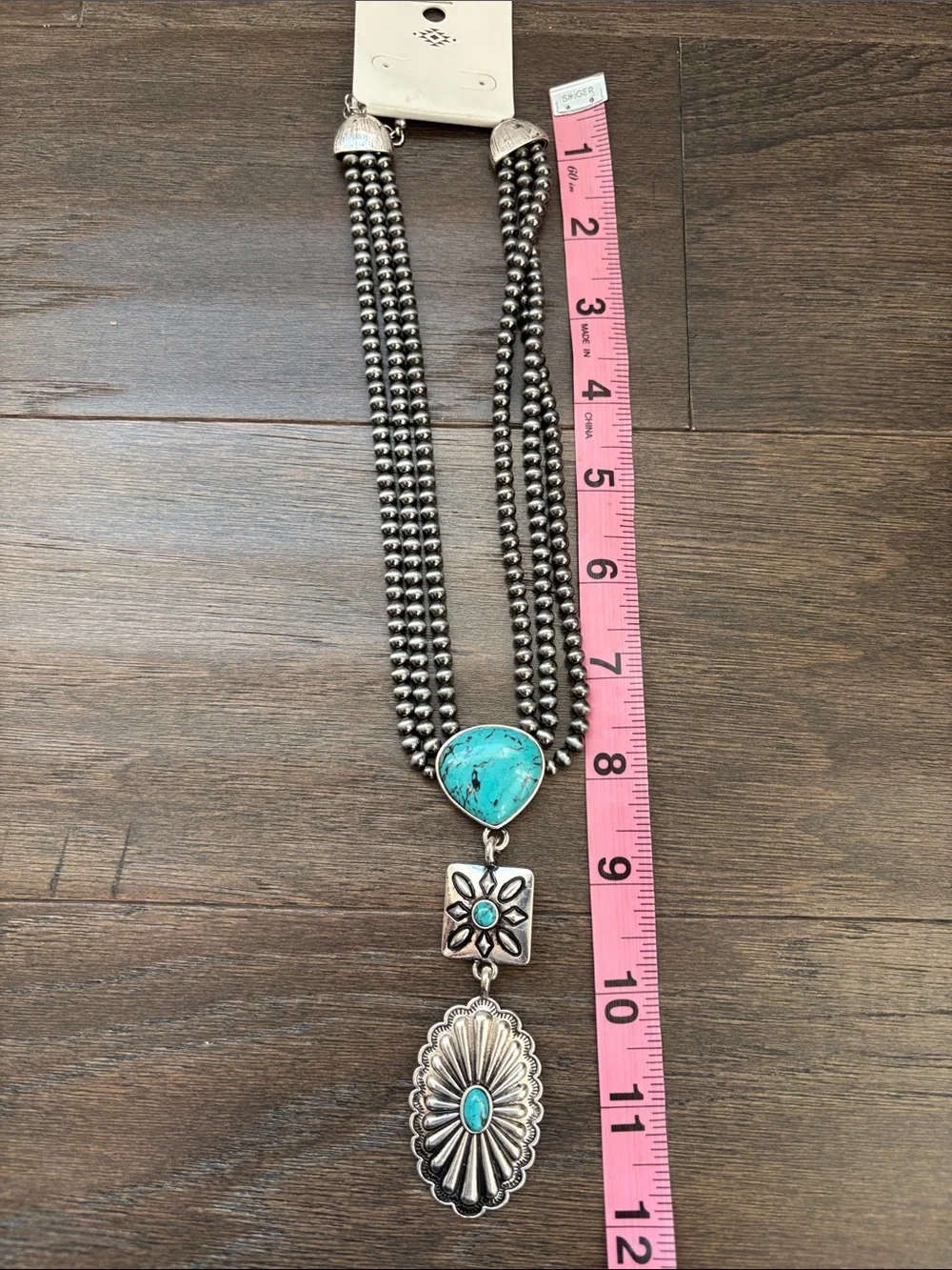 Gunmetal Gray 3 row Beaded Chain,turquoise  stones,oval concho, pendant,Western